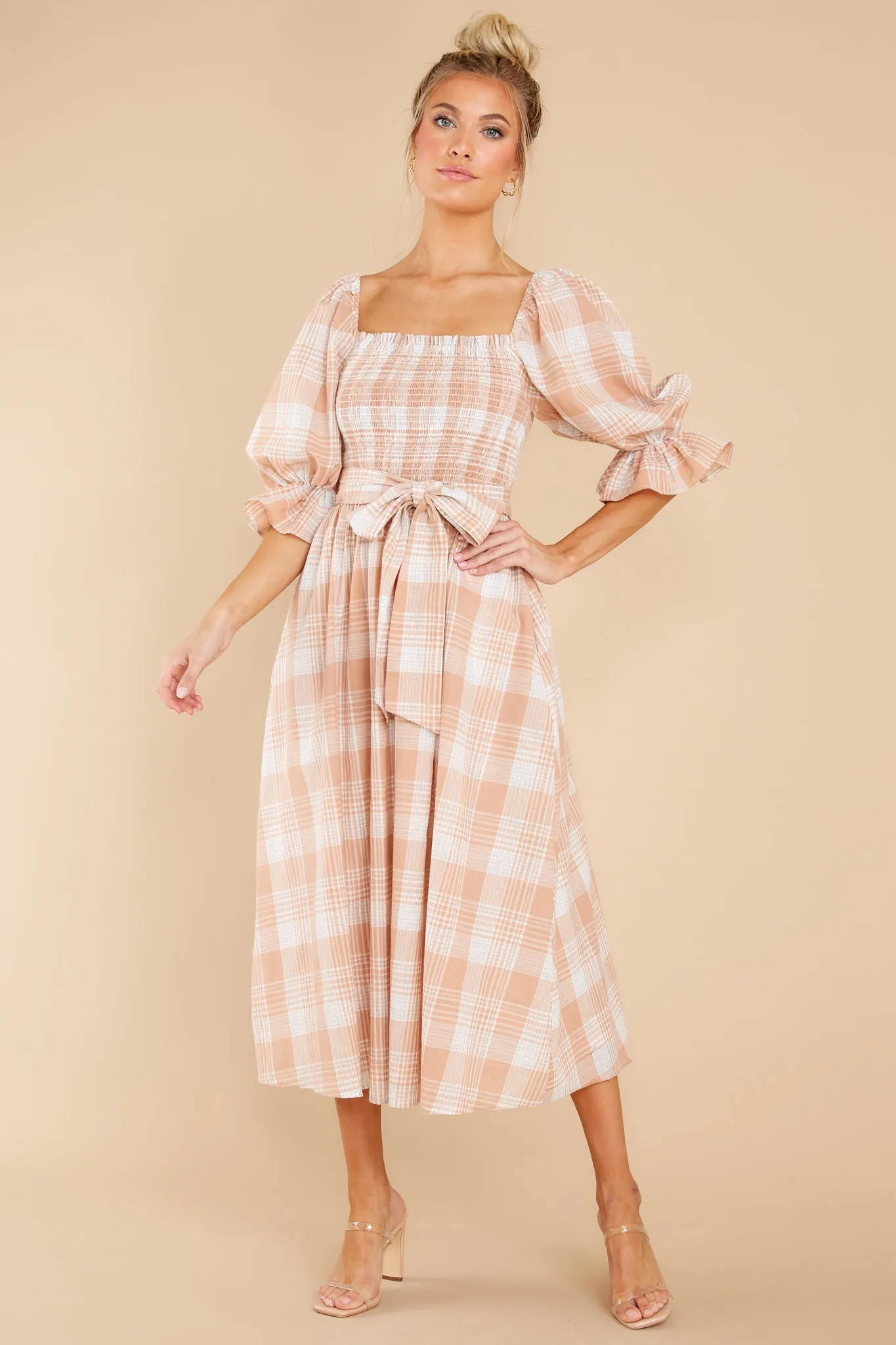 Daydreaming About Me Peach Plaid Midi Dress