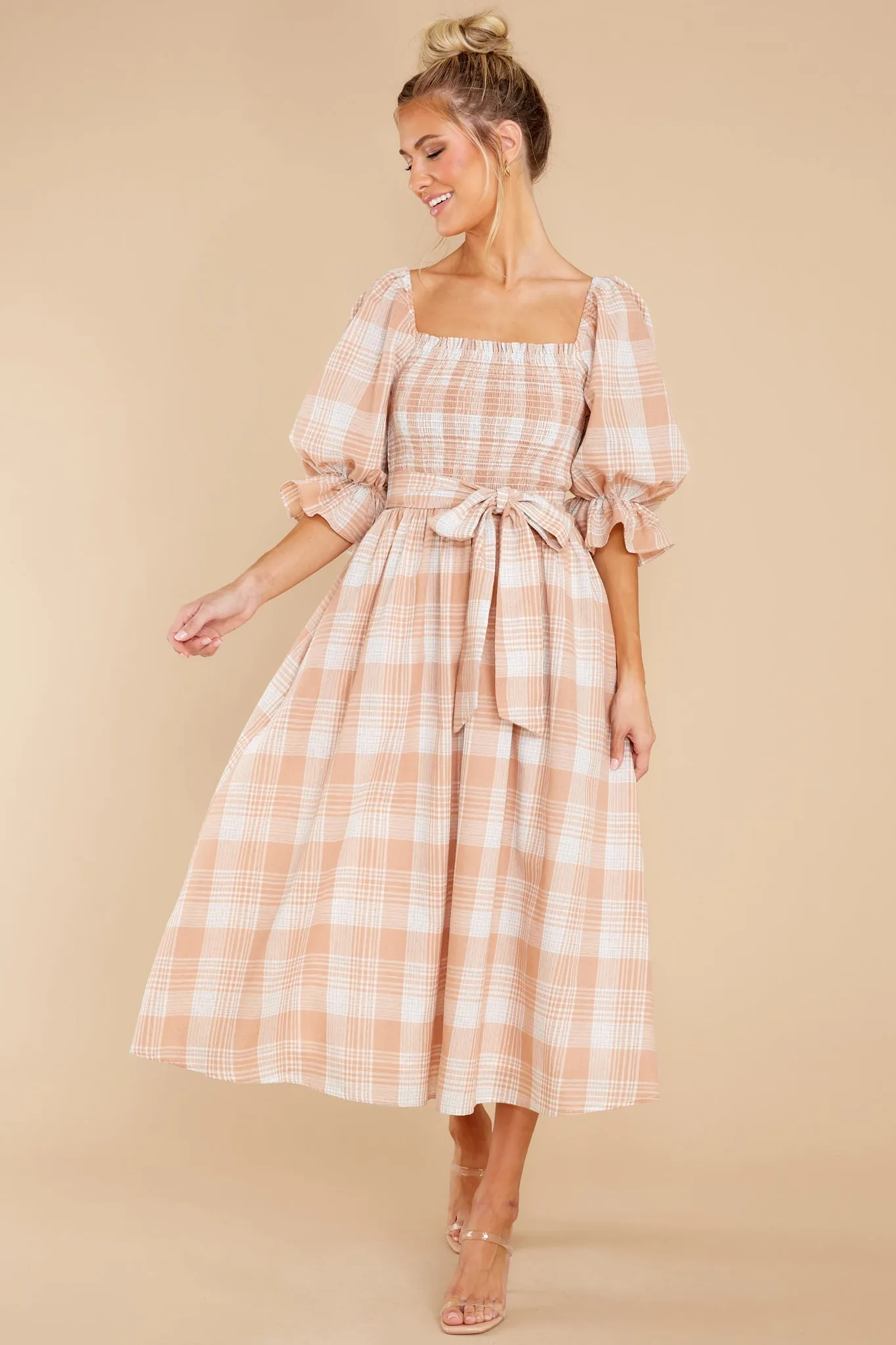 Daydreaming About Me Peach Plaid Midi Dress