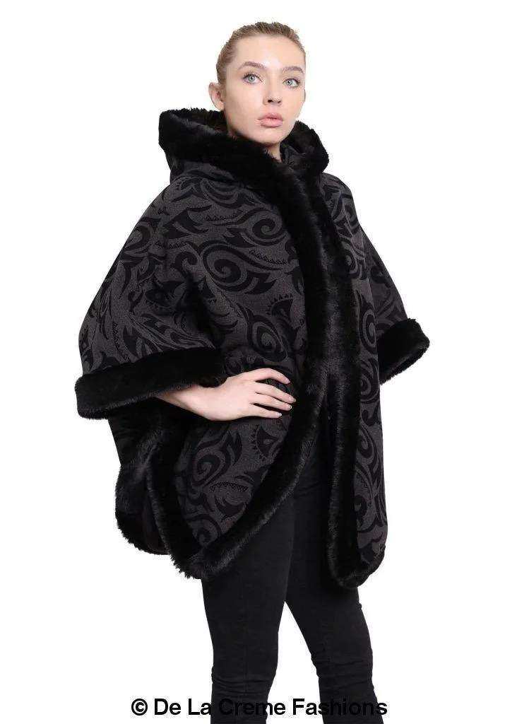 De La Creme - Women's Tribal Print Fur Lined Hooded Cape