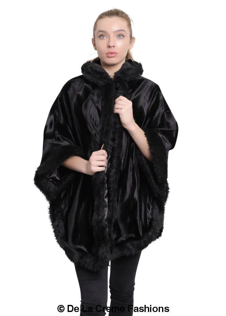 De La Creme - Women's Tribal Print Fur Lined Hooded Cape