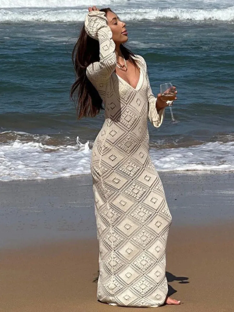 Deep V Knit Hollow Maxi Dress Sweater