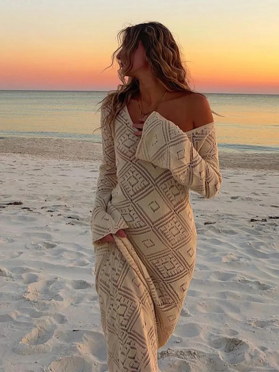 Deep V Knit Hollow Maxi Dress Sweater