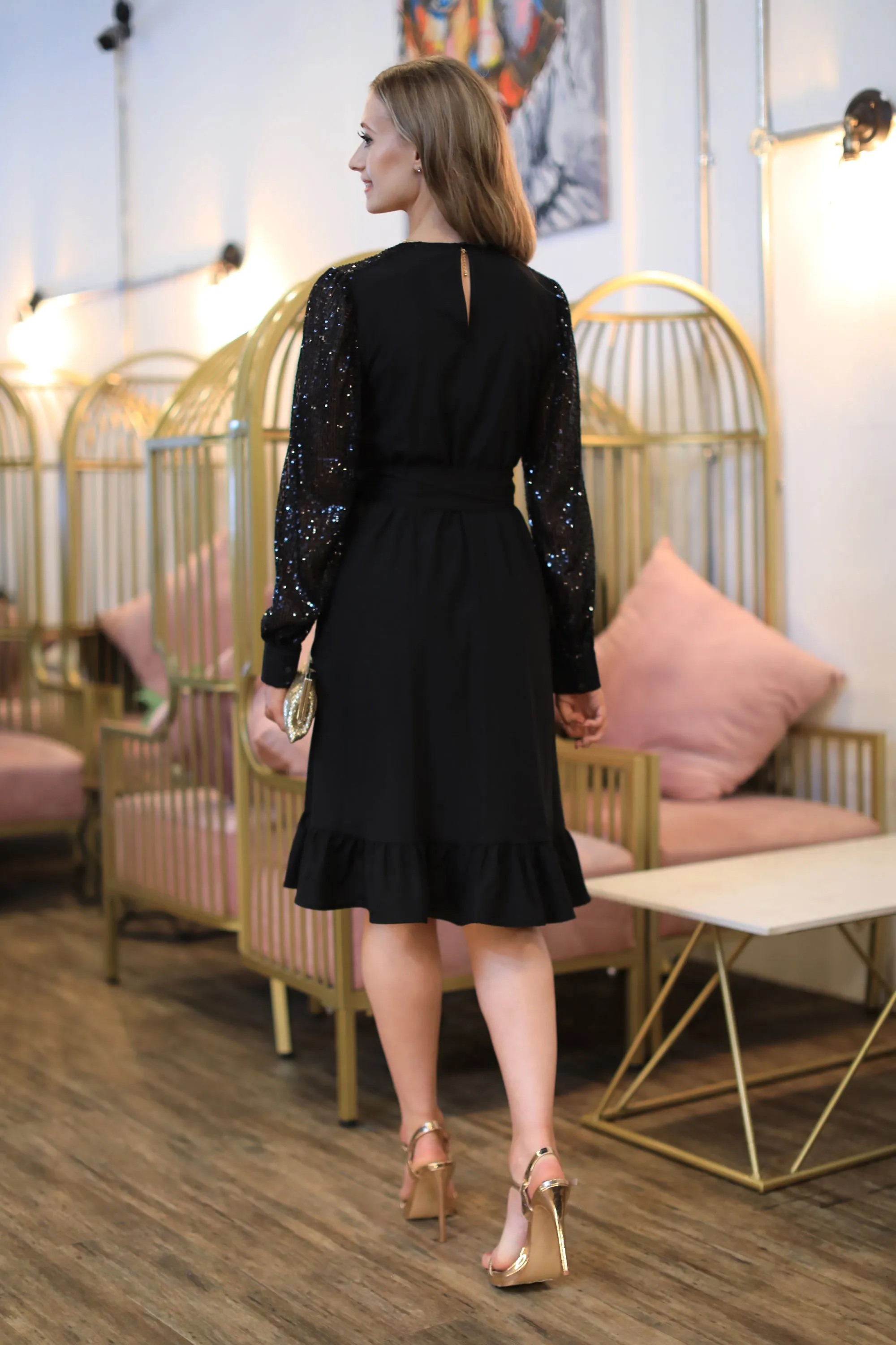 Double Second Black Wrap Dress With Sequin Sleeves