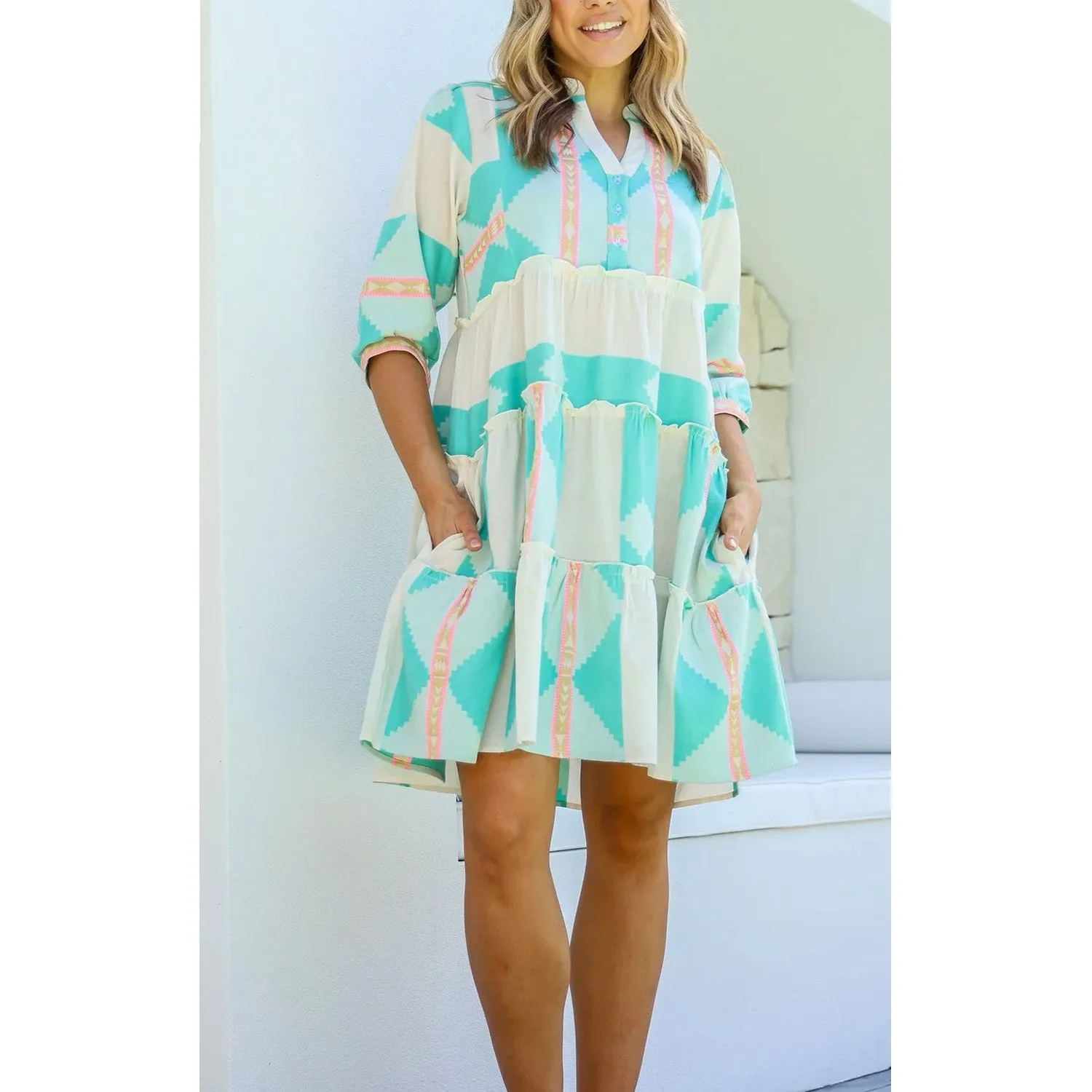 Dress Mediterranean Button Up - Teal & Pink