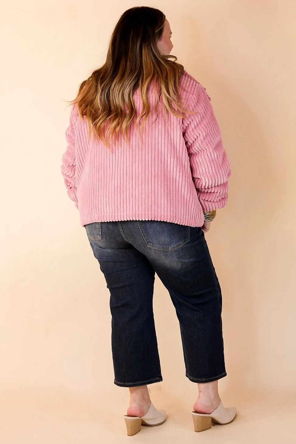 Driving North Button and Zip Up Plush Ribbed Jacket in Pink