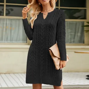 Elastic Waist Long-Sleeved Knitted Solid V-Neck Mini Party Casual Sweater Dress