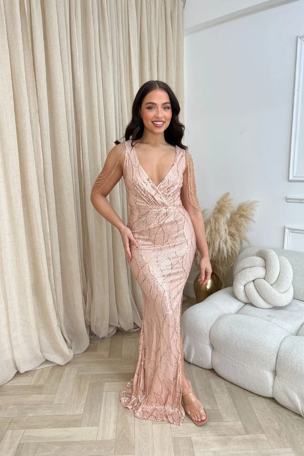 Escala Rose Gold Luxe Beaded Shoulder Plunge Wrap Sequin Hourglass Slit Maxi Dress