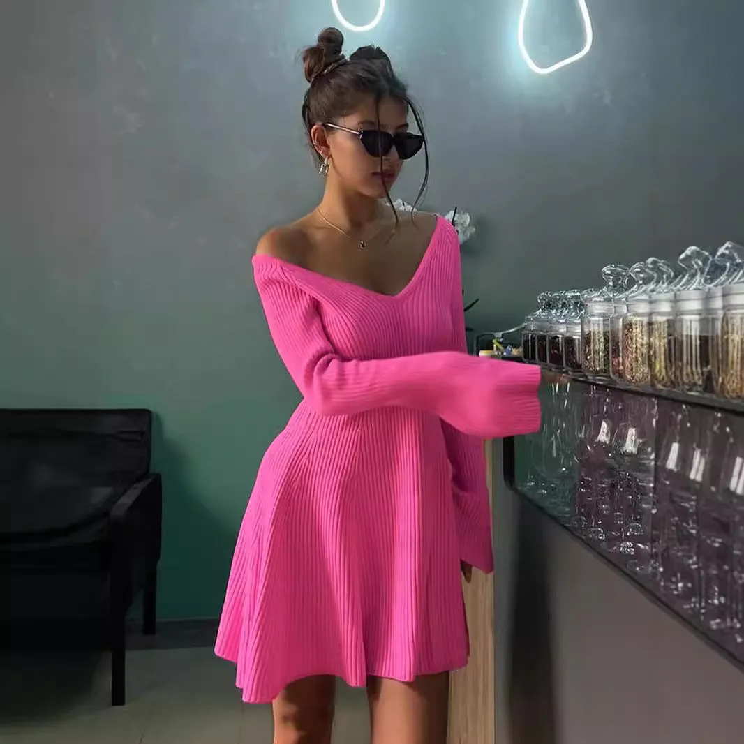 Fashionkova dress to impress codes V-neck Long Sleeve Sexy Dress Knitted Skirt Autumn and Winter Short Skirt Bottoming A- line Ruffled Sweater Dress