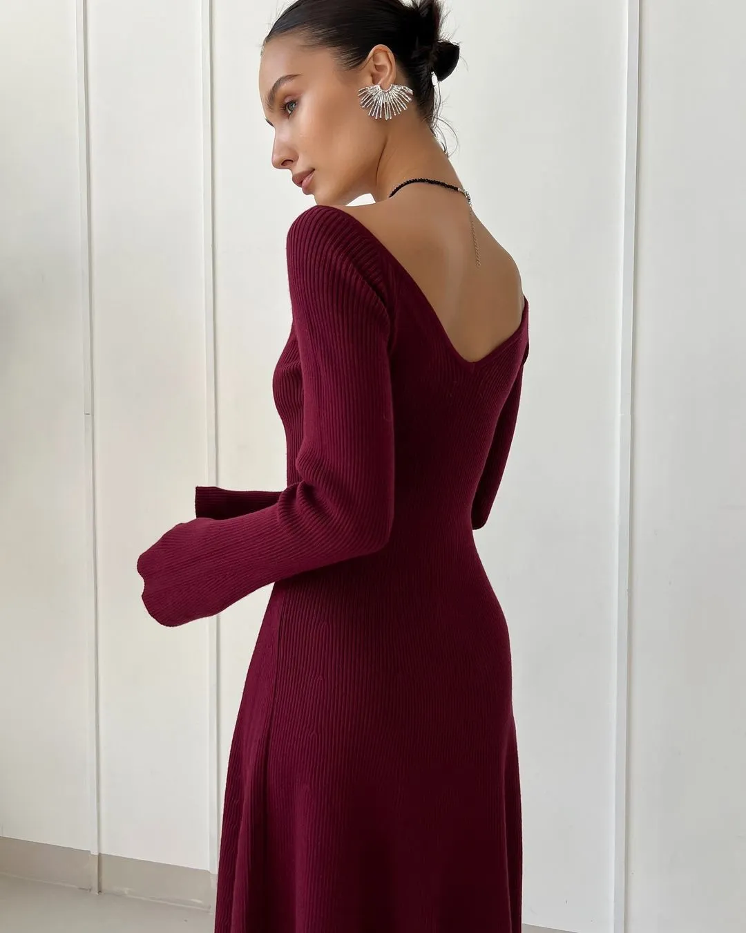 Fashionkova dress to impress codes V-neck Long Sleeve Sexy Dress Knitted Skirt Autumn and Winter Short Skirt Bottoming A- line Ruffled Sweater Dress