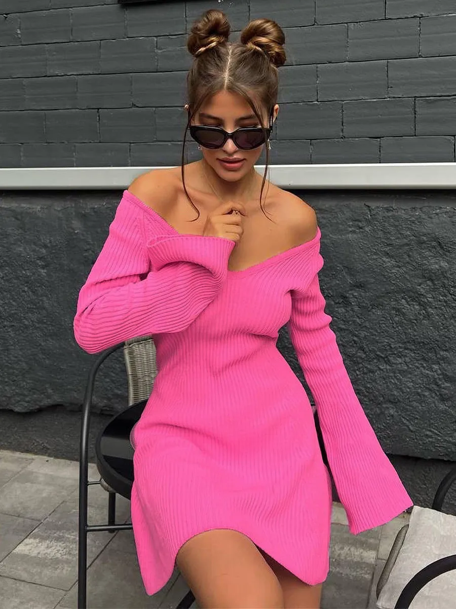 Fashionkova dress to impress codes V-neck Long Sleeve Sexy Dress Knitted Skirt Autumn and Winter Short Skirt Bottoming A- line Ruffled Sweater Dress