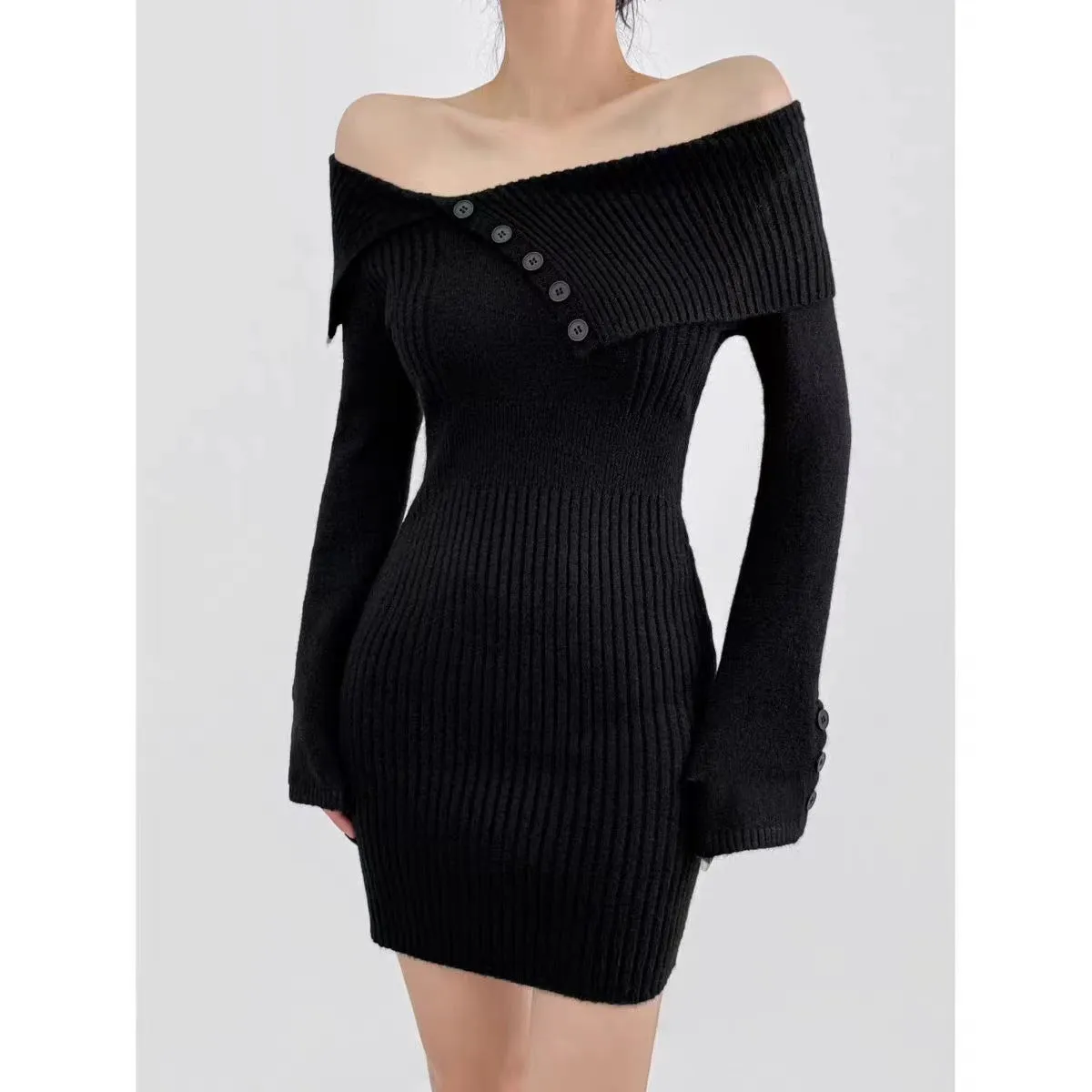 Fashionkova womens outfit inspiration Sexy off-Shoulder Lapel Knitted Dress Autumn and Winter Women's Sweater Slim Hip Skirt