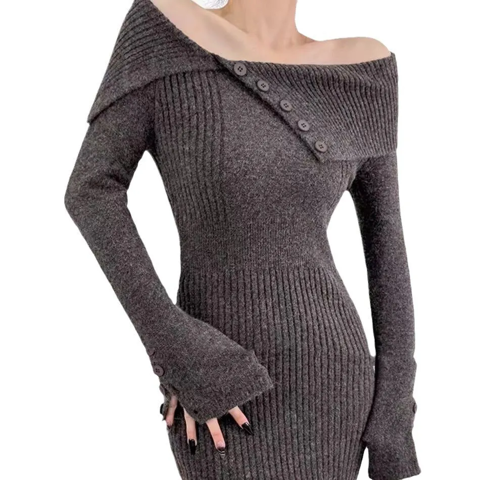 Fashionkova womens outfit inspiration Sexy off-Shoulder Lapel Knitted Dress Autumn and Winter Women's Sweater Slim Hip Skirt