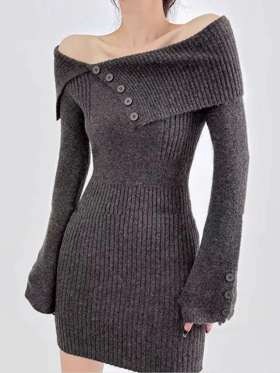 Fashionkova womens outfit inspiration Sexy off-Shoulder Lapel Knitted Dress Autumn and Winter Women's Sweater Slim Hip Skirt