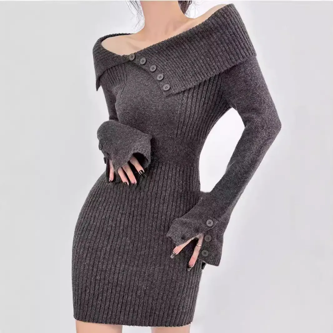 Fashionkova womens outfit inspiration Sexy off-Shoulder Lapel Knitted Dress Autumn and Winter Women's Sweater Slim Hip Skirt