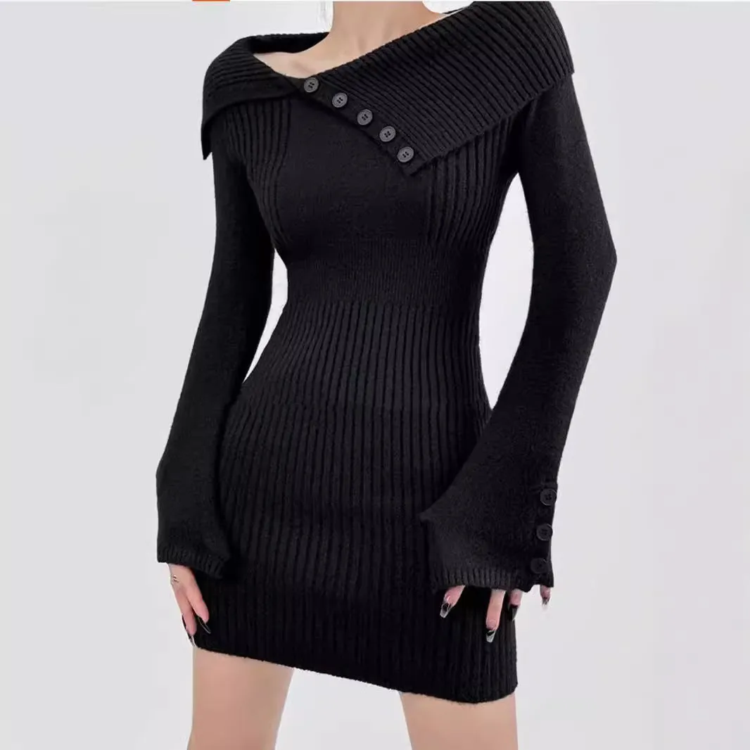 Fashionkova womens outfit inspiration Sexy off-Shoulder Lapel Knitted Dress Autumn and Winter Women's Sweater Slim Hip Skirt