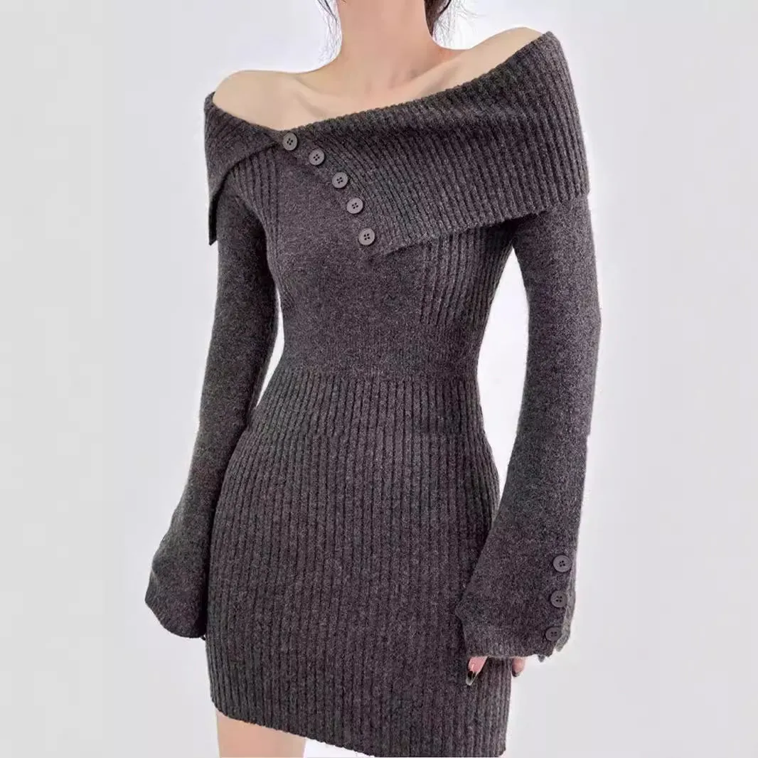 Fashionkova womens outfit inspiration Sexy off-Shoulder Lapel Knitted Dress Autumn and Winter Women's Sweater Slim Hip Skirt