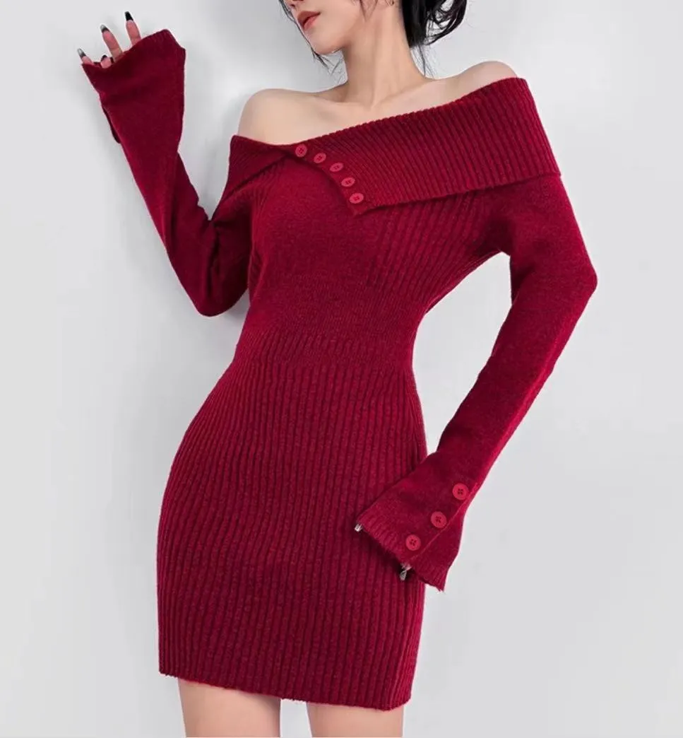 Fashionkova womens outfit inspiration Sexy off-Shoulder Lapel Knitted Dress Autumn and Winter Women's Sweater Slim Hip Skirt