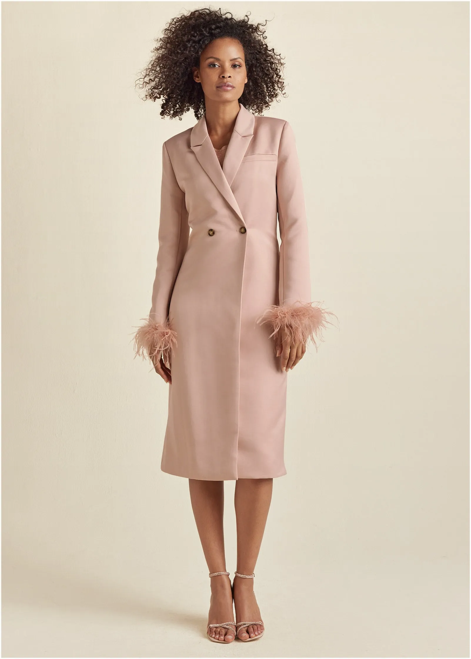 Feather Cuff Tuxedo Coat - Peach