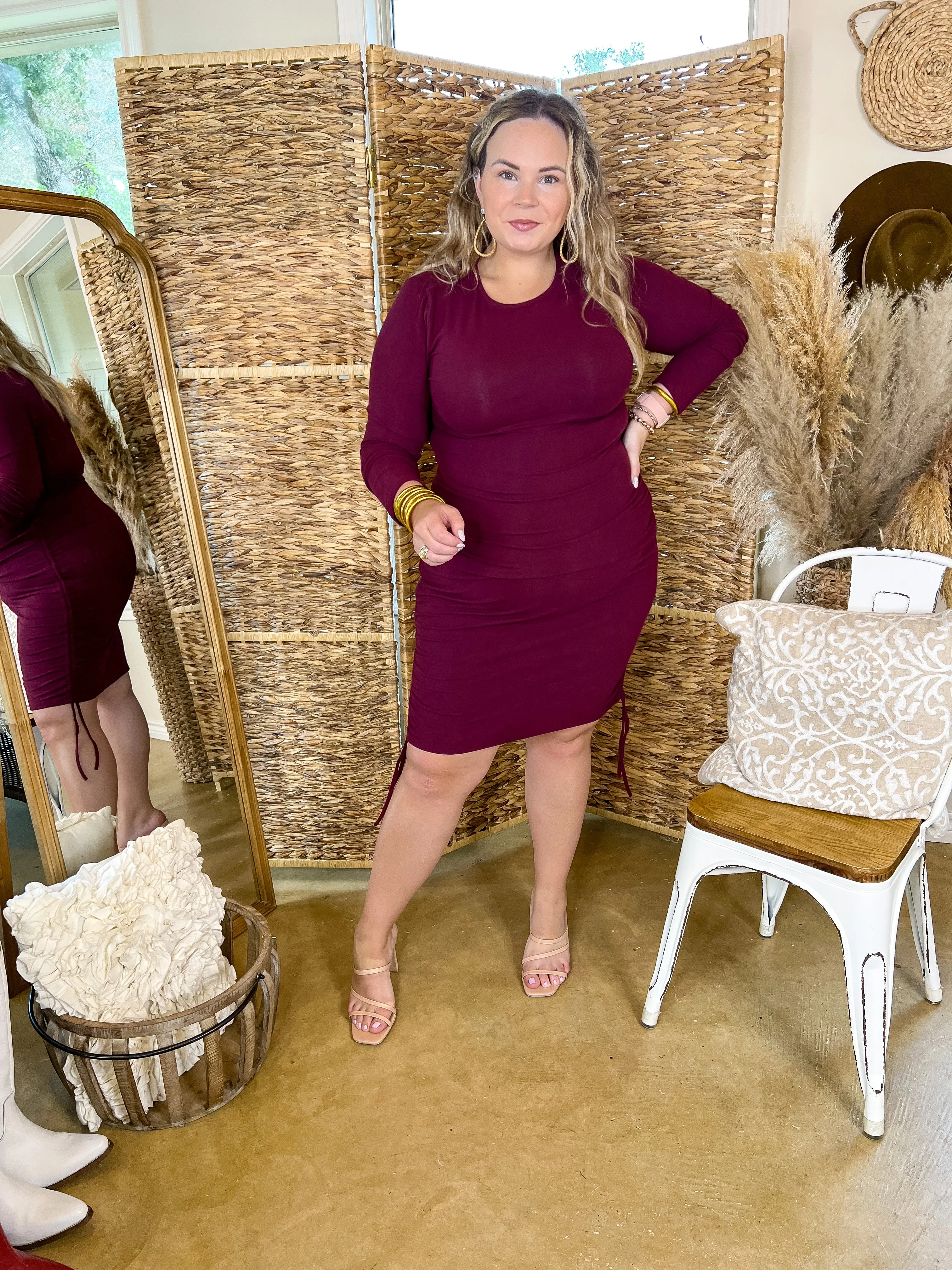 Felt A Chill Long Sleeve Fitted Dress with Ruched Drawstring Hips in Maroon