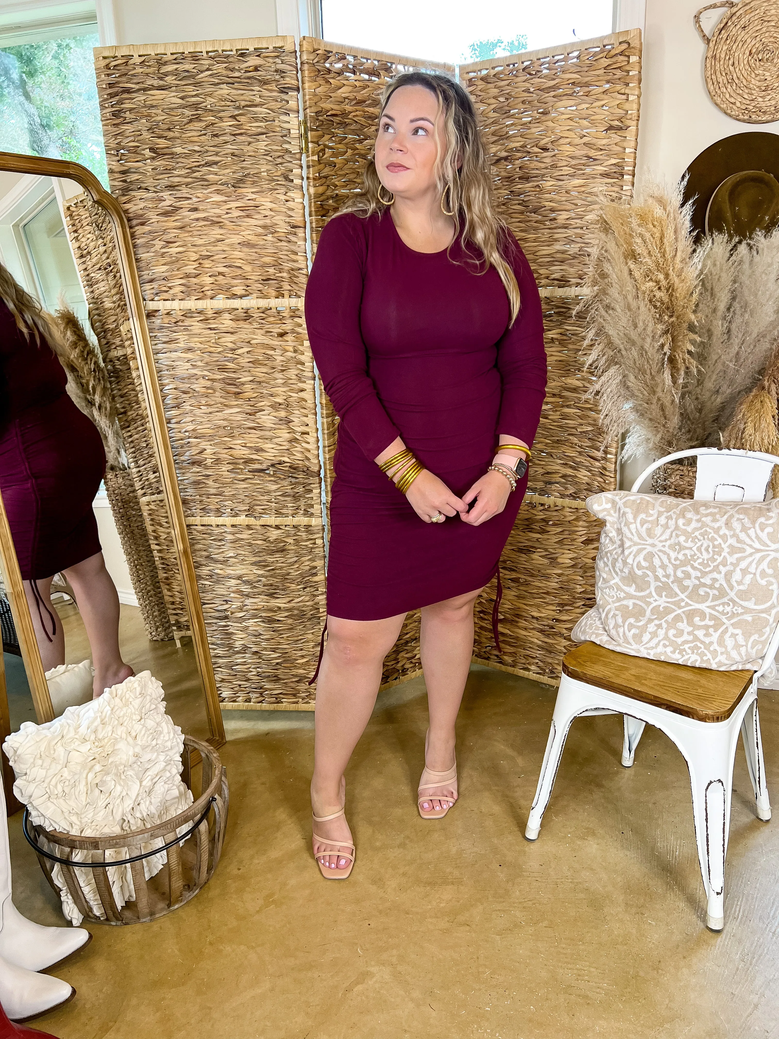 Felt A Chill Long Sleeve Fitted Dress with Ruched Drawstring Hips in Maroon