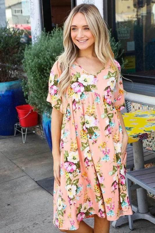 FINAL SALE -  Peach Floral Babydoll Tunic Dress