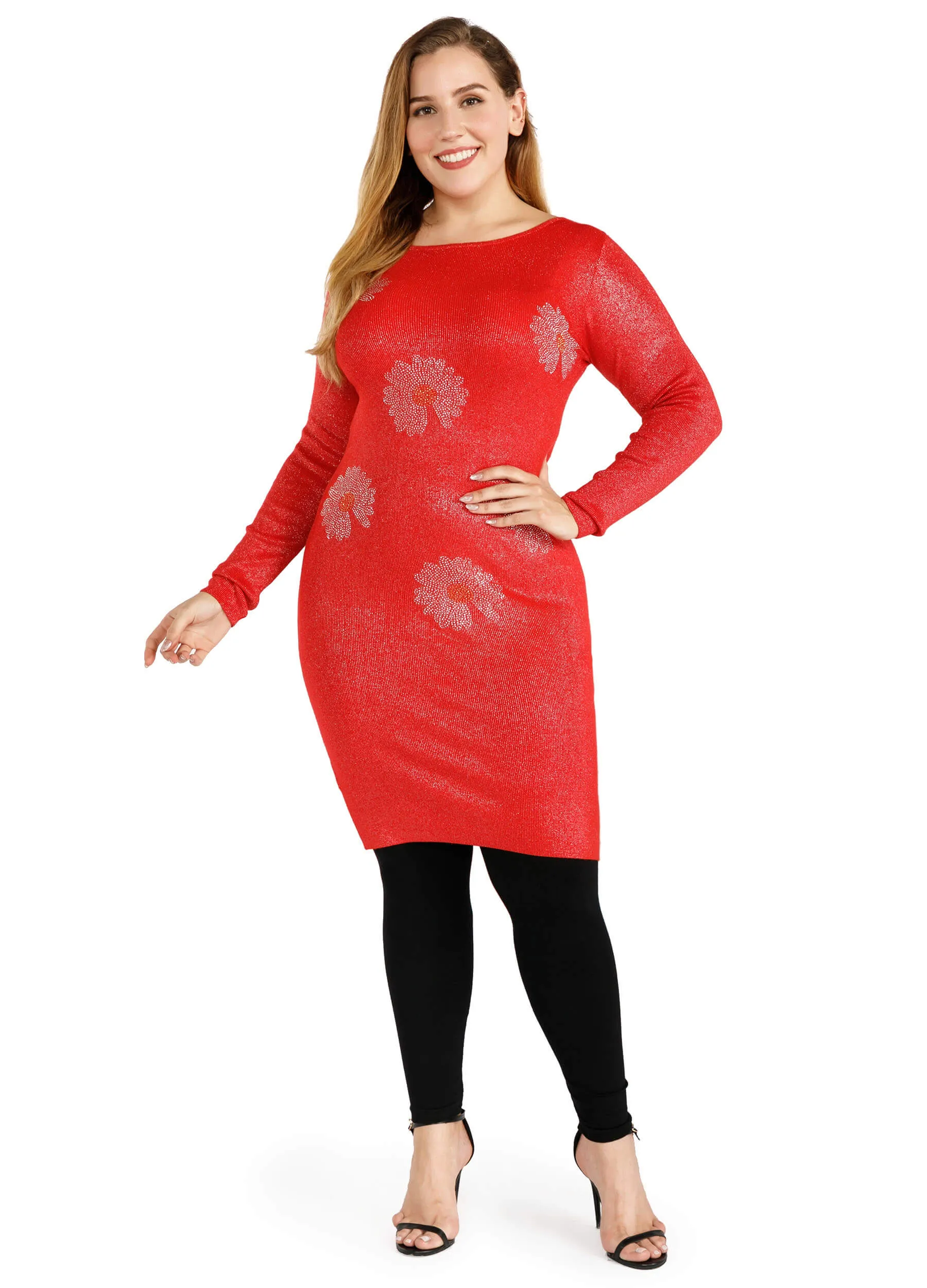 FINEPEEK Women's Fall Red Slim Fit Rib-Knit Sweater Dress  (Clearance)