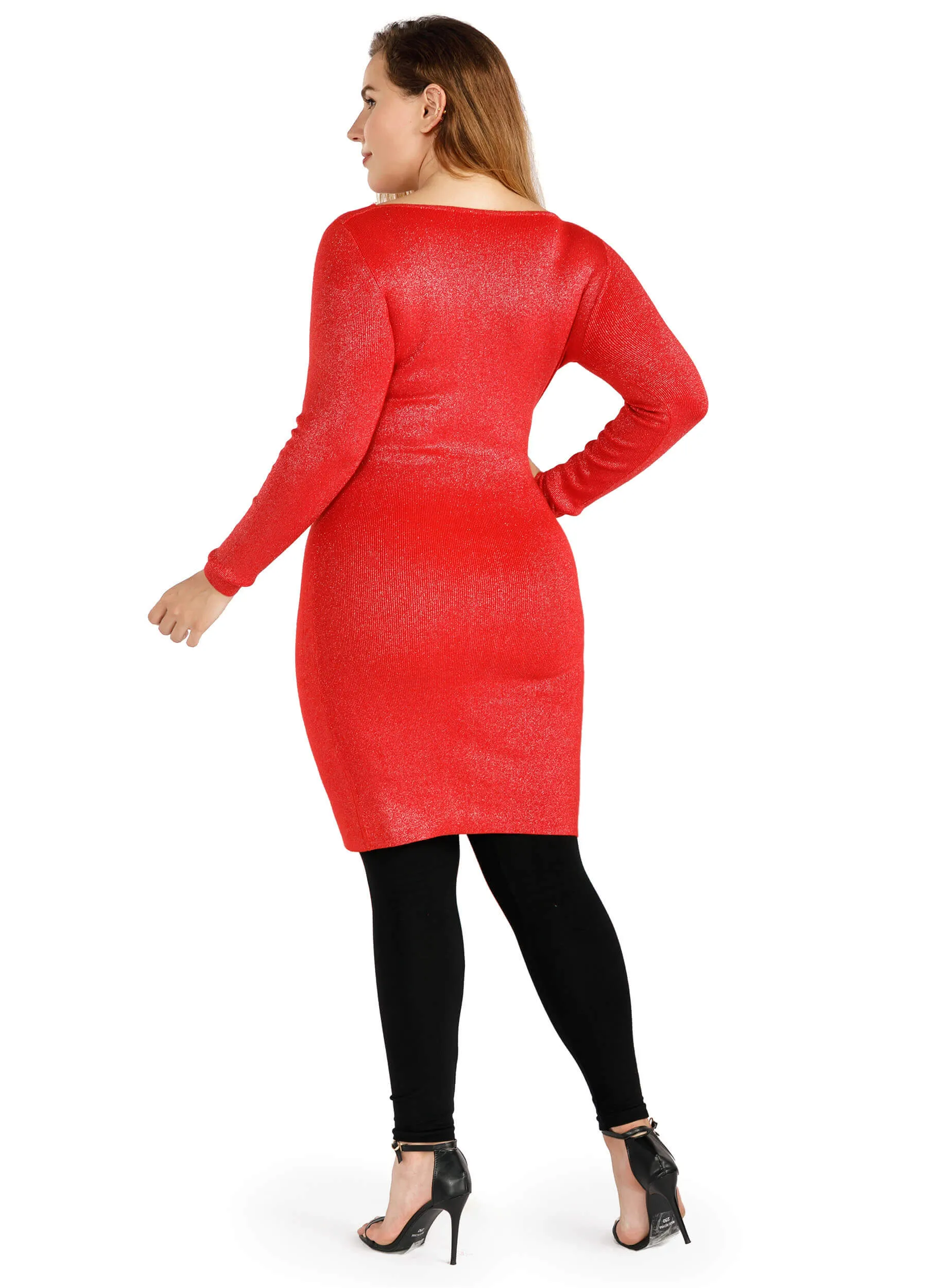 FINEPEEK Women's Fall Red Slim Fit Rib-Knit Sweater Dress  (Clearance)