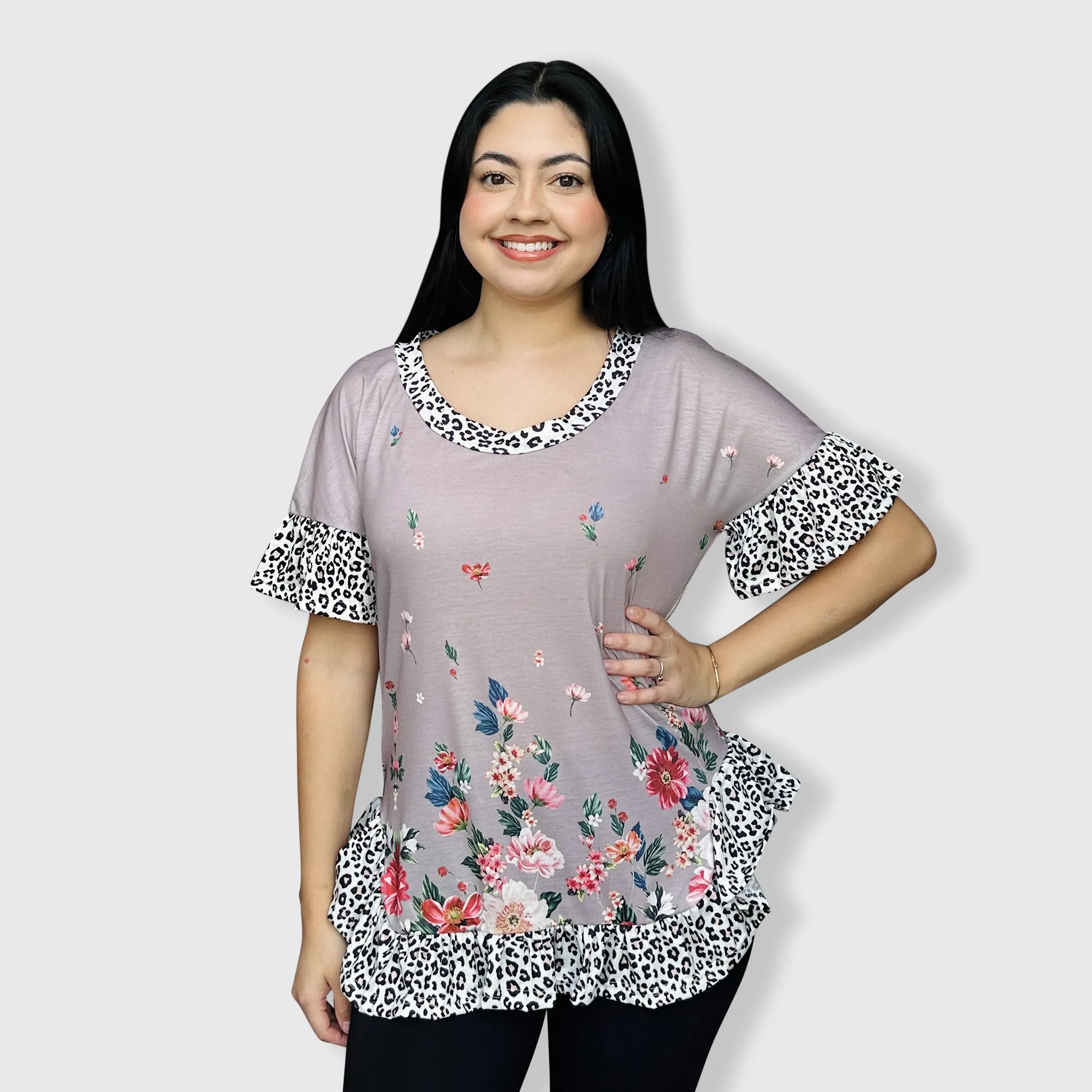 Floral Cheetah Gray Tunic Top