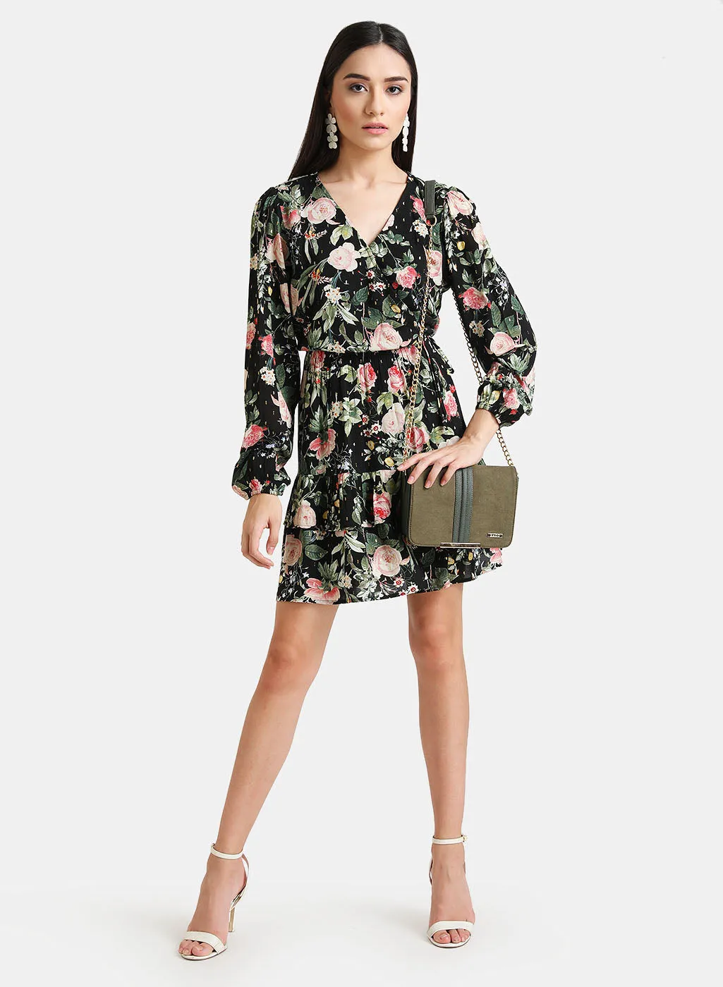 Floral Printed Wrap Dress With Puff Sleeves