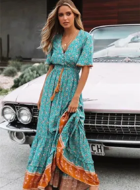 Floral V-neck Short Sleeves Maxi Dress