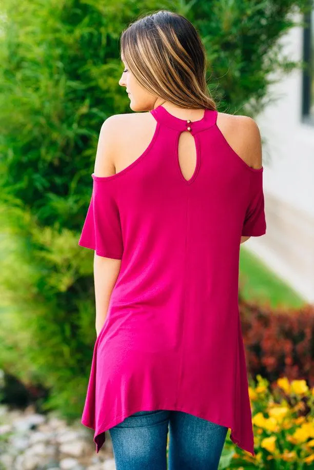 Flowy Open Shoulder Tunic | Magenta Clearance