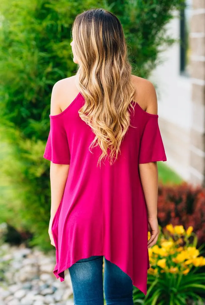 Flowy Open Shoulder Tunic | Magenta Clearance