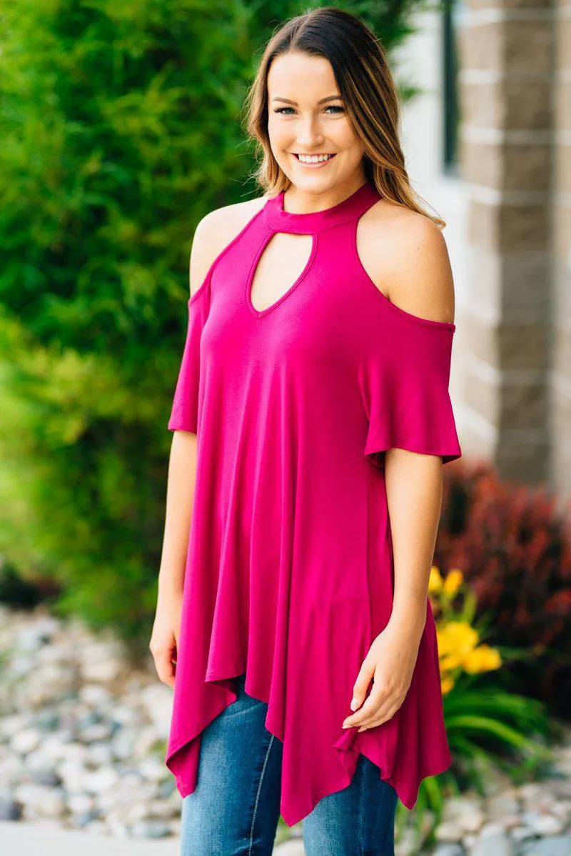 Flowy Open Shoulder Tunic | Magenta Clearance