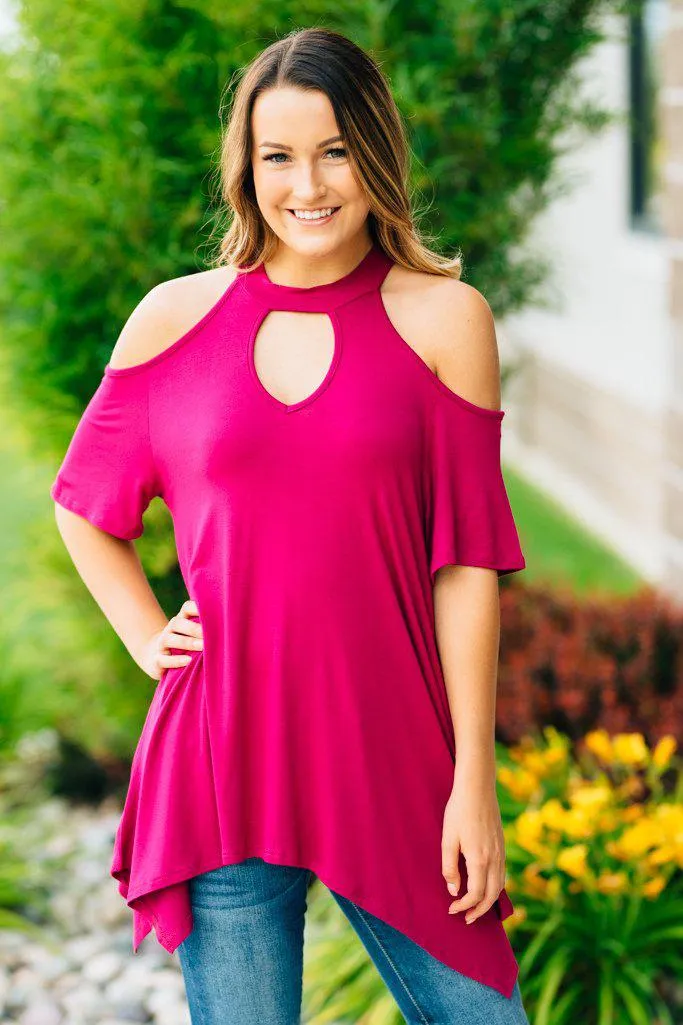 Flowy Open Shoulder Tunic | Magenta Clearance