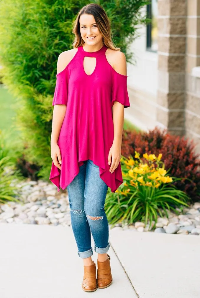 Flowy Open Shoulder Tunic | Magenta Clearance