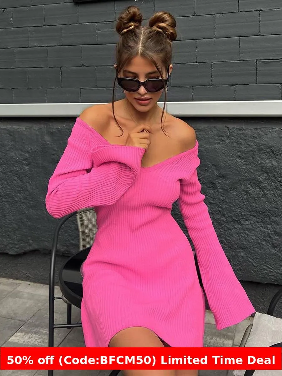 Flytonnshop winter outfits men V-neck Long Sleeve Sexy Dress Knitted Skirt Autumn and Winter Short Skirt Bottoming A- line Ruffled Sweater Dress