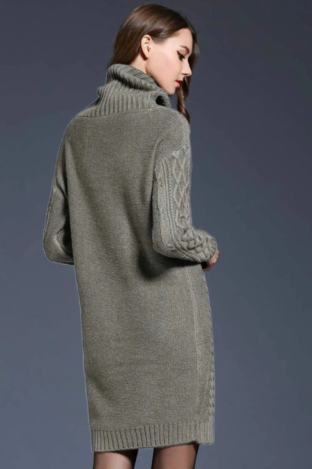 Full Size Mixed Knit Cowl Neck Dropped Shoulder Sweater Dress