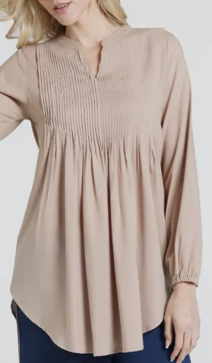 Gigi Mostly Cotton Pleated Front Tunic Dress - Mocha - Final Sale