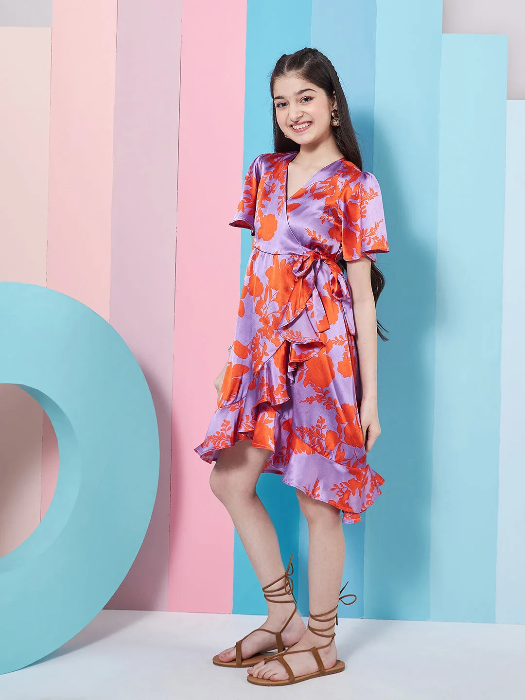 Girls Floral Printed Flutter Sleeve Satin Wrap Dress