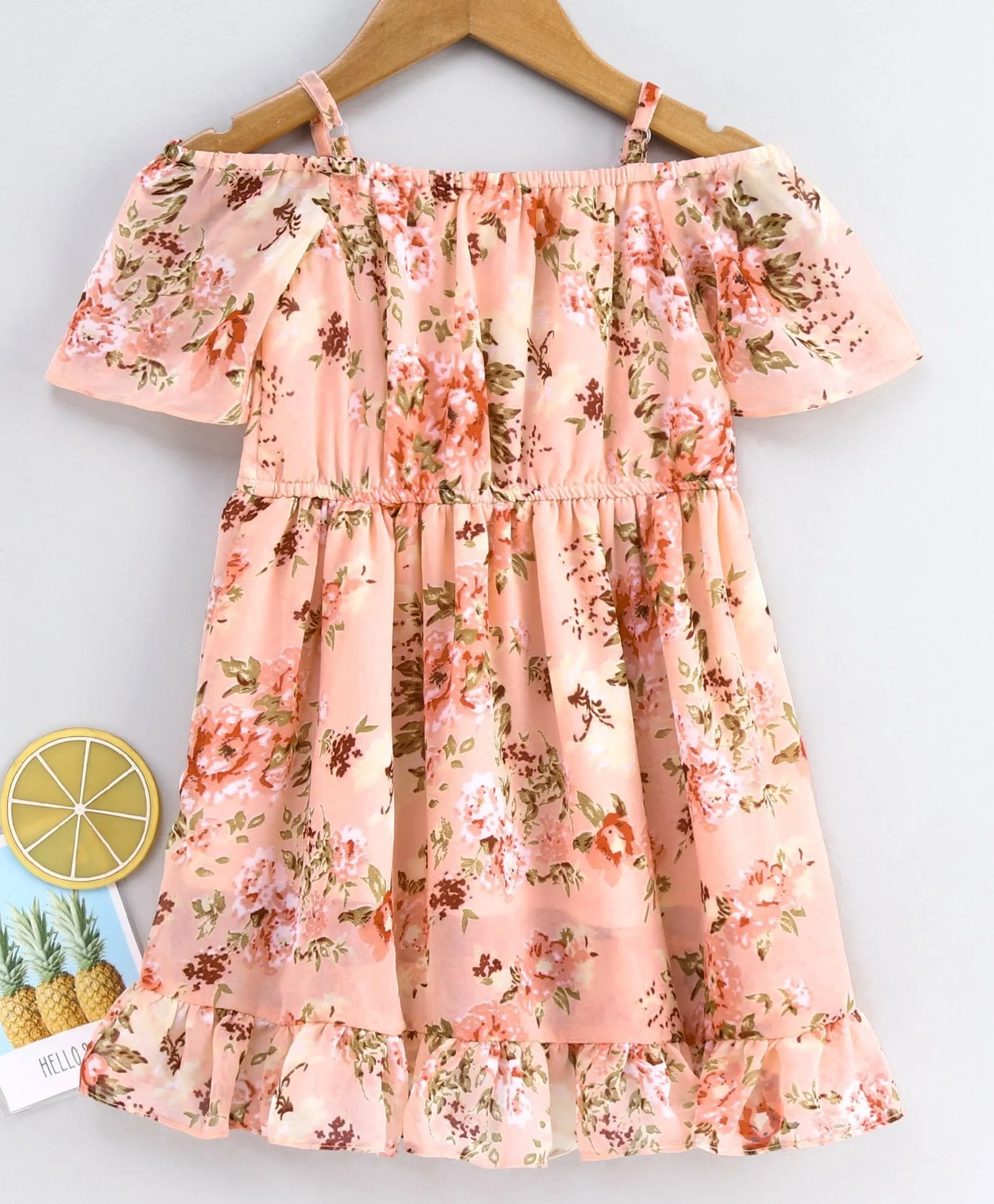 Girls Peach-Coloured Green Floral Print Wrap Dress