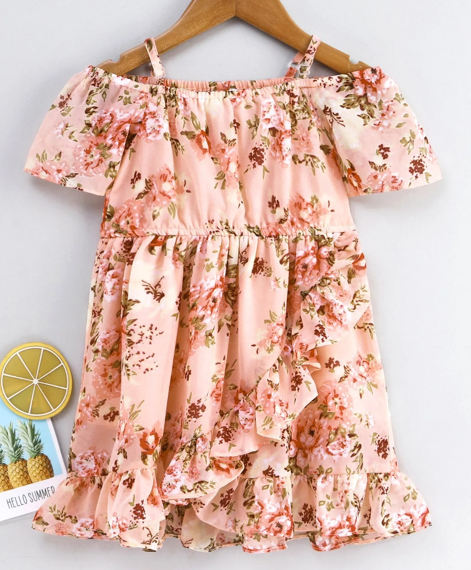 Girls Peach-Coloured Green Floral Print Wrap Dress