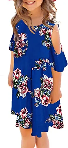 Girl's Summer Ruffled Cold Shoulder Short Sleeve Casual Loose Tunic A Line Dress 4-13 Years