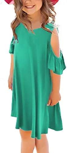 Girl's Summer Ruffled Cold Shoulder Short Sleeve Casual Loose Tunic A Line Dress 4-13 Years