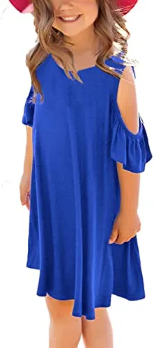 Girl's Summer Ruffled Cold Shoulder Short Sleeve Casual Loose Tunic A Line Dress 4-13 Years