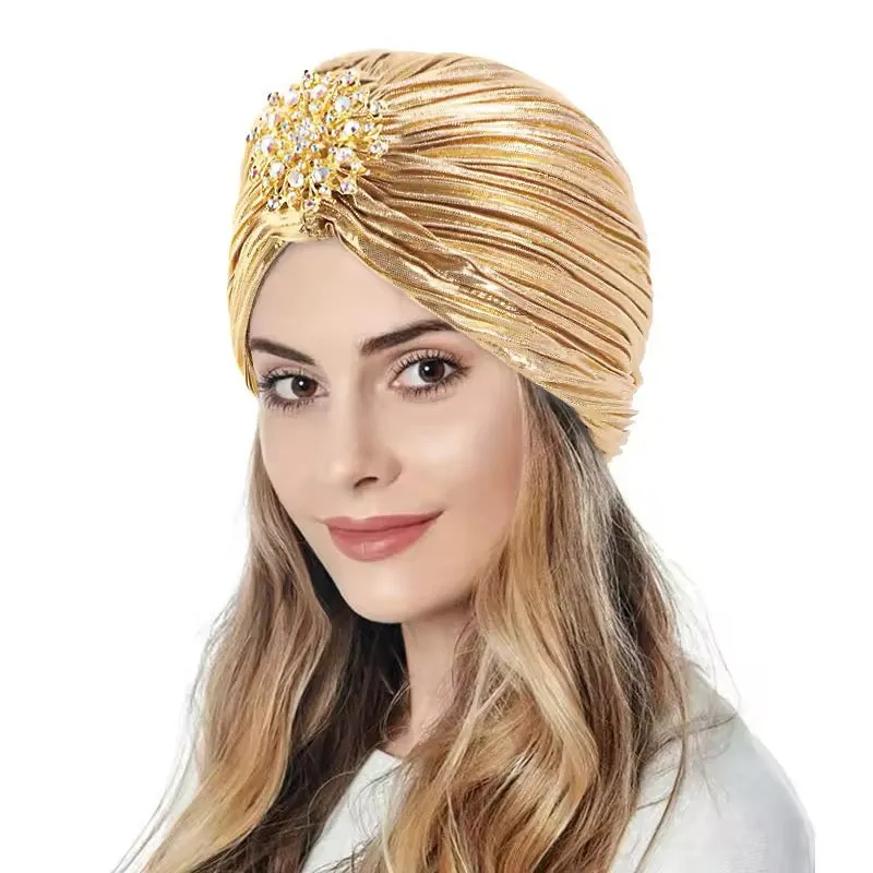 Great Gatsby 1920's Turban Head Wrap Hat Fancy Dress - Metallic Gold with Brooch