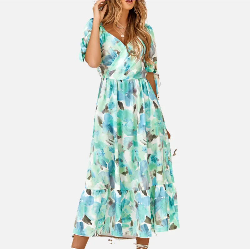 Green Floral Dress | Wrap V Neck | Maxi Dresses