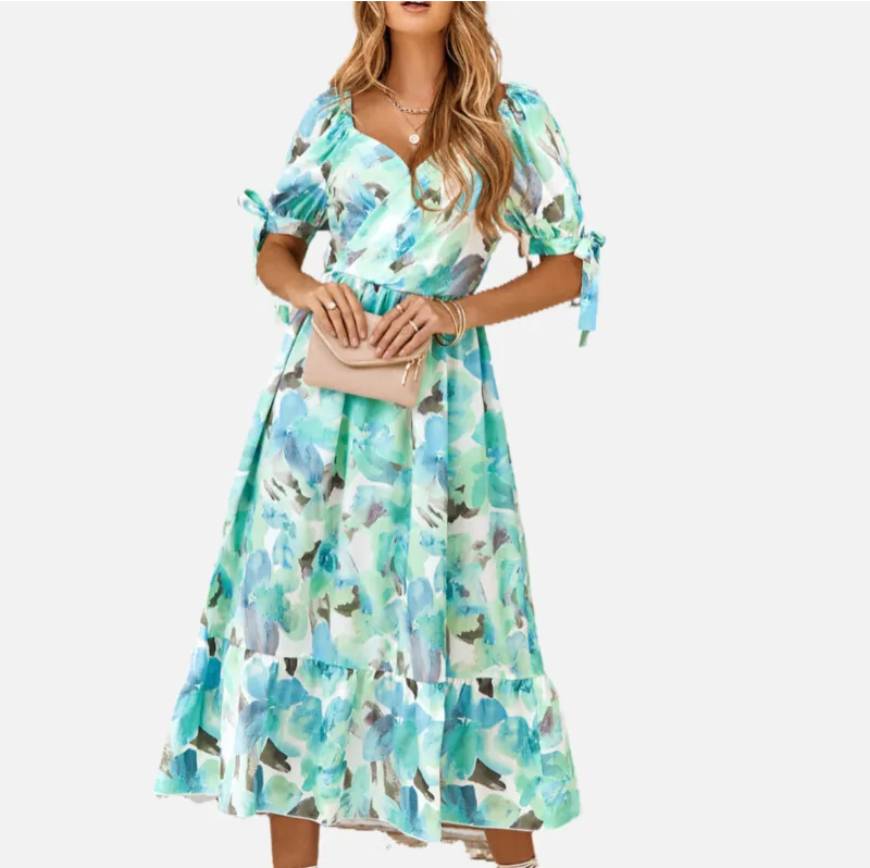 Green Floral Dress | Wrap V Neck | Maxi Dresses