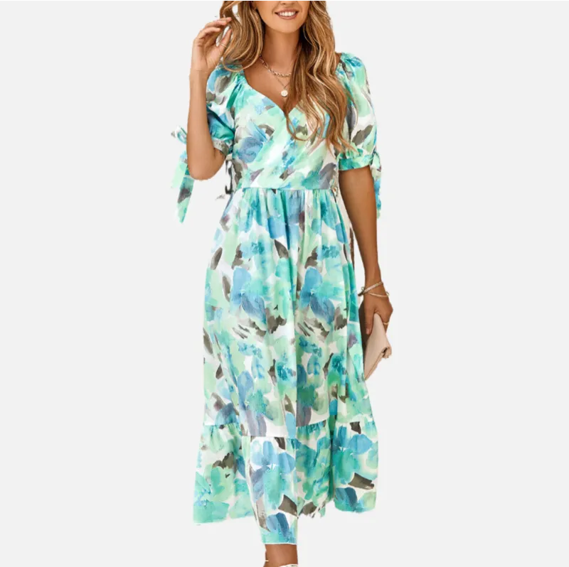 Green Floral Dress | Wrap V Neck | Maxi Dresses