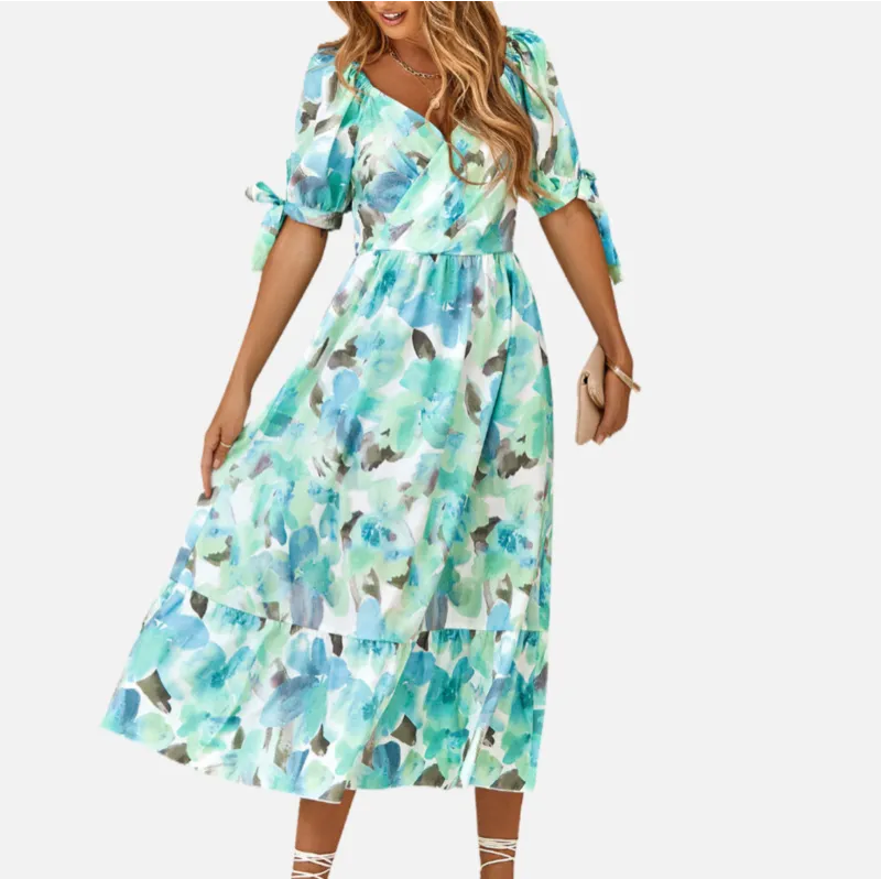 Green Floral Dress | Wrap V Neck | Maxi Dresses