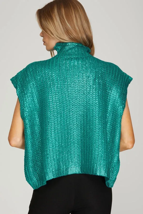 GREEN METALLIC FOIL SHORT SLEEVE SWEATER TOP